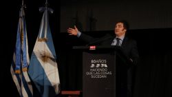 Argentina's President Javier Milei delivers a speech during a meeting of the Marketing Managers Association of Uruguay (ADM) at the Radisson Hotel in Montevideo on December 6, 2024, after participating in the LXV Mercosur Summit. Milei called on Friday for a Mercosur with "more freedom to trade outwards," a persistent demand of his Uruguayan counterpart Luis Lacalle Pou, who handed over the pro-tempore presidency of the South American trade bloc to him. (Photo by Nicolas GARCIA / AFP) (Photo by NICOLAS GARCIA/AFP via Getty Images)