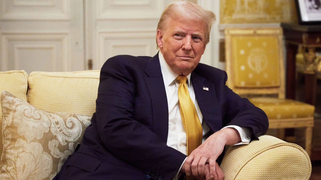 PARIS, FRANCE - DECEMBER 7:  President-Elect Donald Trump reacts during his meeting with Prince William, Prince of Wales at the Embassy of the United Kingdom's Residence on December 7, 2024 in Paris, France. Donald Trump was among the wave of foreign dignitaries descending on Paris this weekend to attend a reopening ceremony at Notre-Dame Cathedral, more than five years after it was damaged in a major fire. (Photo by Oleg Nikishin/Getty Images)