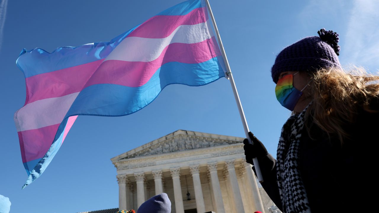 WASHINGTON, DC - DECEMBER 04: A transgender rights supporter takes part in a rally outside of the U.S. Supreme Court as the high court hears arguments in a case on transgender health rights on December 04, 2024 in Washington, DC. The Supreme Court is hearing arguments in US v. Skrmetti, a case about Tennessee's law banning gender-affirming care for minors and if it violates the Constitution’s equal protection guarantee. (Photo by Kevin Dietsch/Getty Images)