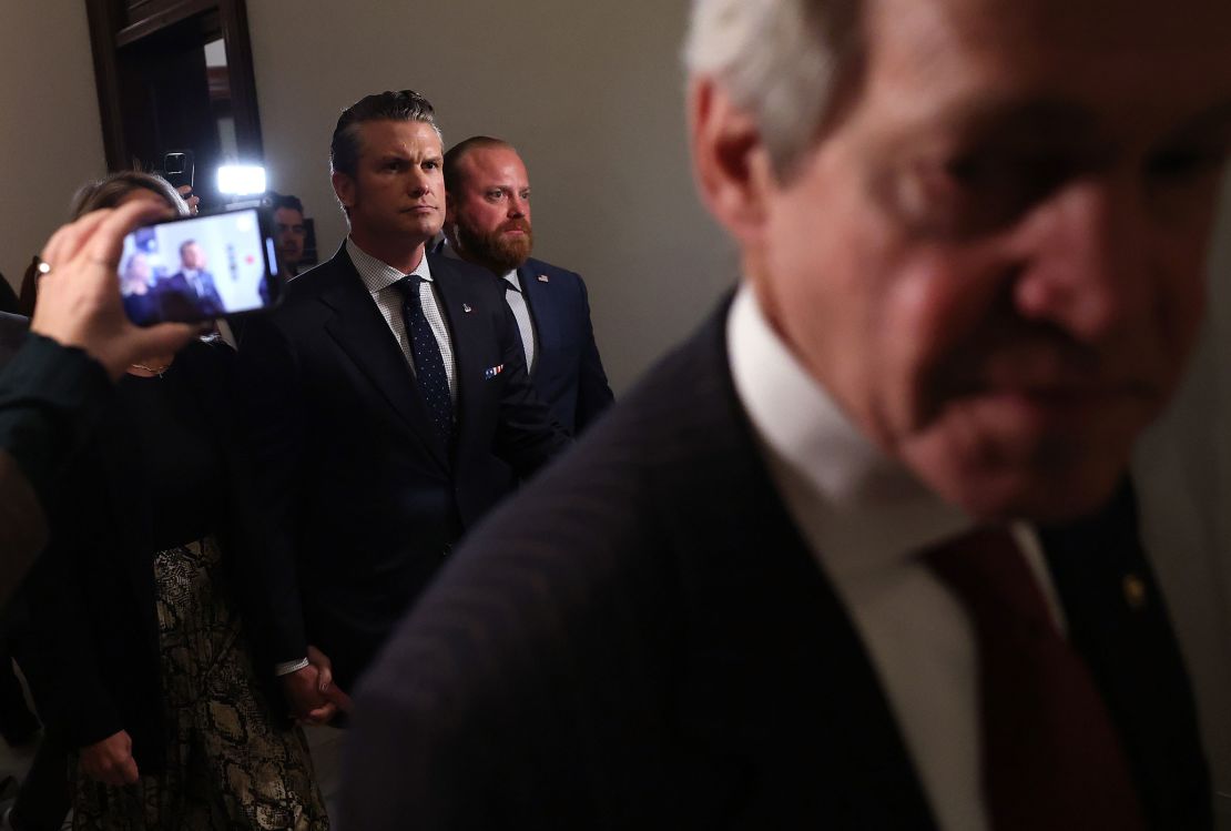 Pete Hegseth leaves a meeting with U.S. Sen. Joni Ernst (R-IA) at the U.S. Capitol on December 4, 2024 in Washington, DC.