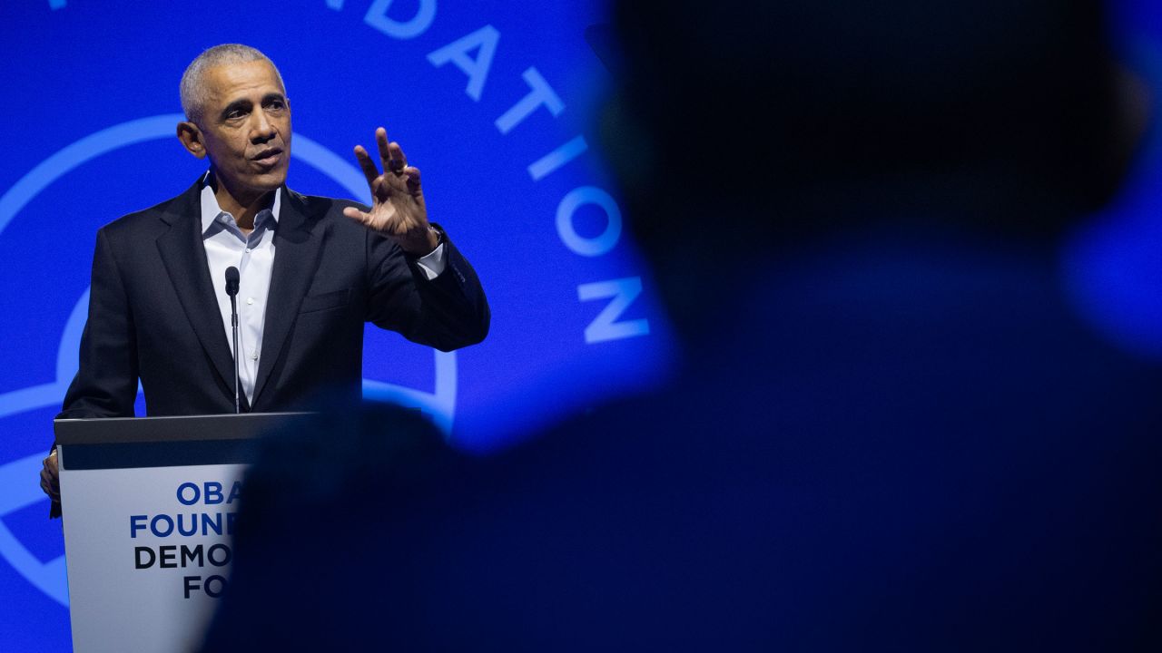 Former President Barack Obama addresses the Obama Foundation's 2024 Democracy Forum in Chicago, on December 05, 2024.