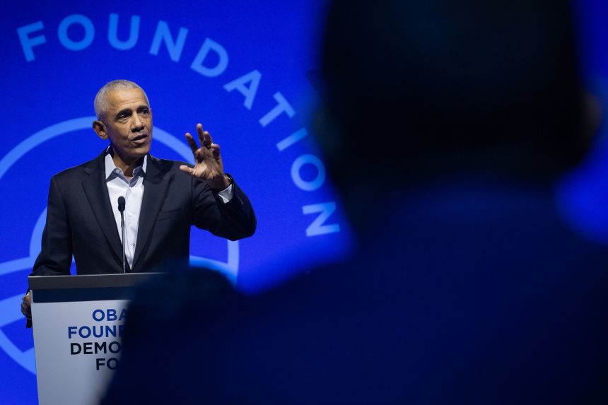 Former President Barack Obama addresses the Obama Foundation's 2024 Democracy Forum in Chicago, on December 5, 2024.