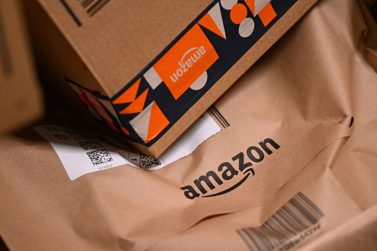 An Amazon package is seen in a redistribution center on December 9.