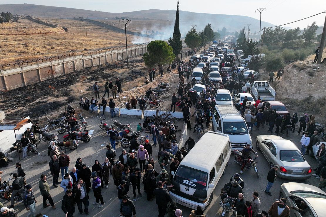 A long traffic jam as people gathered at the Saydnaya prison in Syria on December 9, 2024.