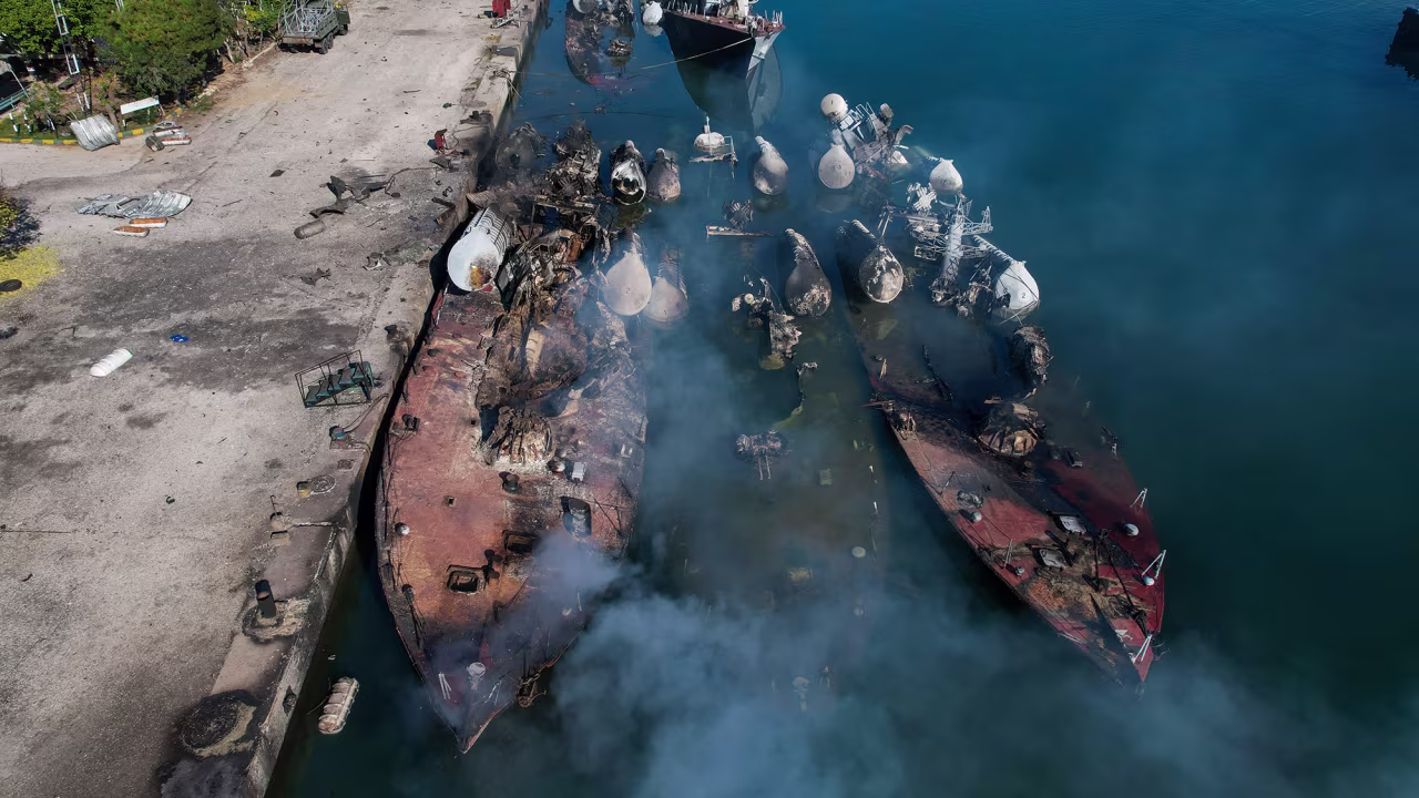 Syrian naval ships destroyed during an overnight Israeli attack on the port city of Latakia on December 10.