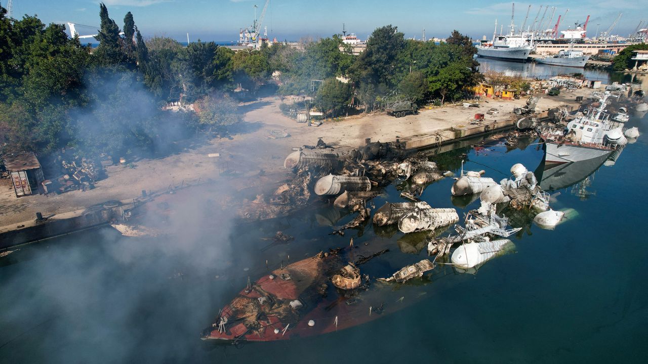 TOPSHOT - An aerial photo shows Syrian naval ships destroyed in an overnight Israeli attack on the port city of Latakia on December 10, 2024. The UN special envoy for Syria on December 10 called on Israel to halt its military movements and bombardments inside Syria, days after the fall of president Bashar al-Assad. (Photo by AAREF WATAD / AFP) (Photo by AAREF WATAD/AFP via Getty Images)