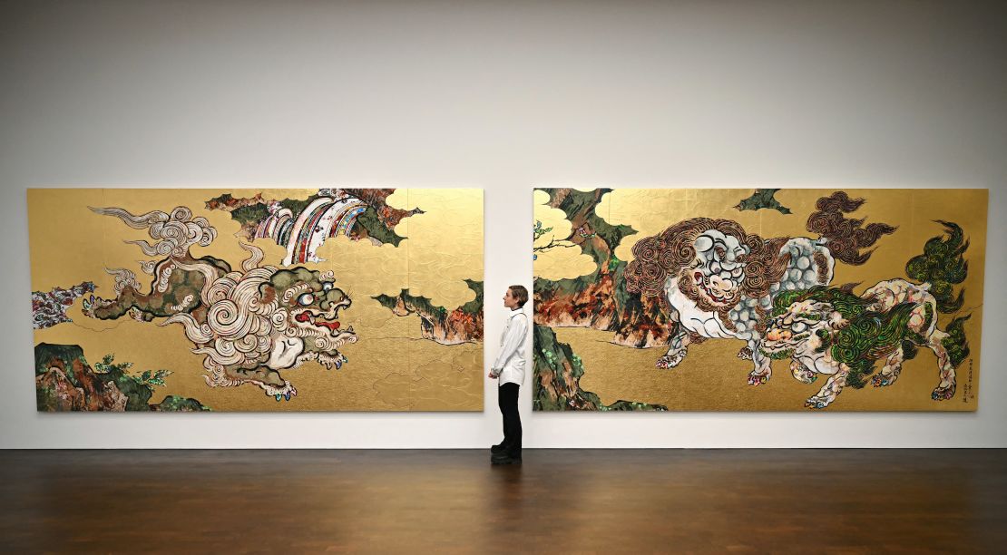 Elsewhere in the exhibition, Murakami engages with other key pieces of Japanese art history such as Kano Utsunenobu's "Chinese Lions Screen" from the 16th century. Pictured here is 'Kaikai Kiki Style "Karajishi-zu Bybu"' (2024), Murakami's remake.