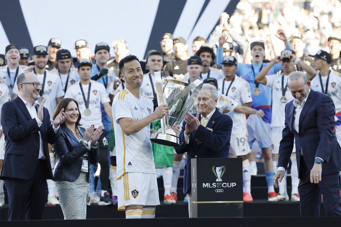 Maya Yoshida celebrates with the trophy after winning the 2024 MLS Cup Final at Dignity Health Sports Park on December 07, 2024 in Carson, California.