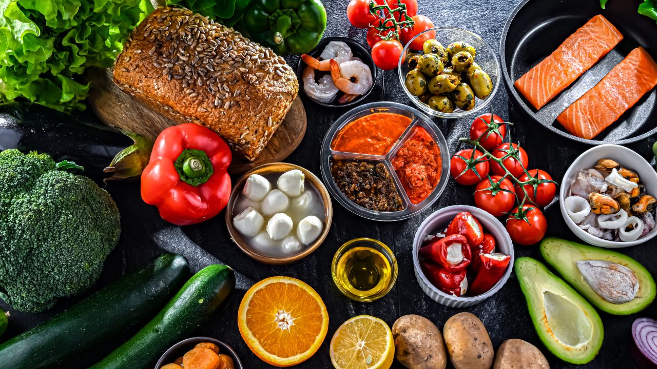 Food products representing the Mediterranean diet.
