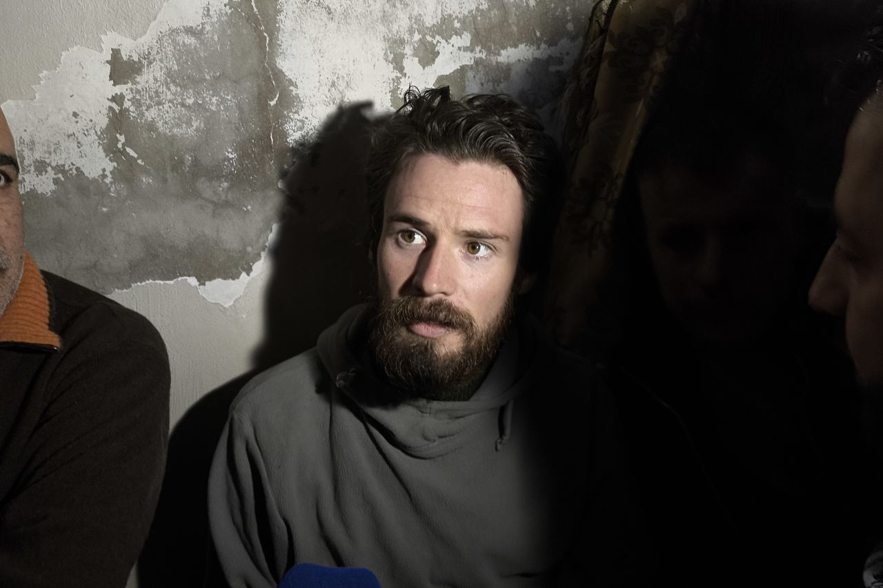 DAMASCUS, SYRIA - DECEMBER 12: Travis Pete Timmerman, a U.S. citizen who went missing in Syria, speaks to press after being found following the fall of the Assad regime in Damascus, Syria on December 12, 2024. (Photo by Abdulkarem Al Mohammad/Anadolu via Getty Images)