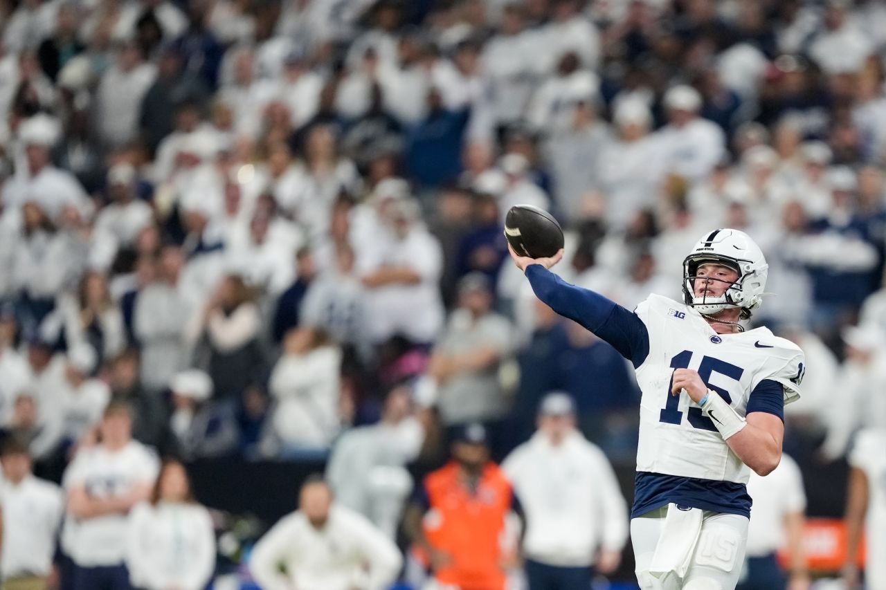 Drew Allar of the Penn State Nittany Lions throws a pass in the second quarter against the Oregon Ducks in Indianapolis, Indiana, on December 7.