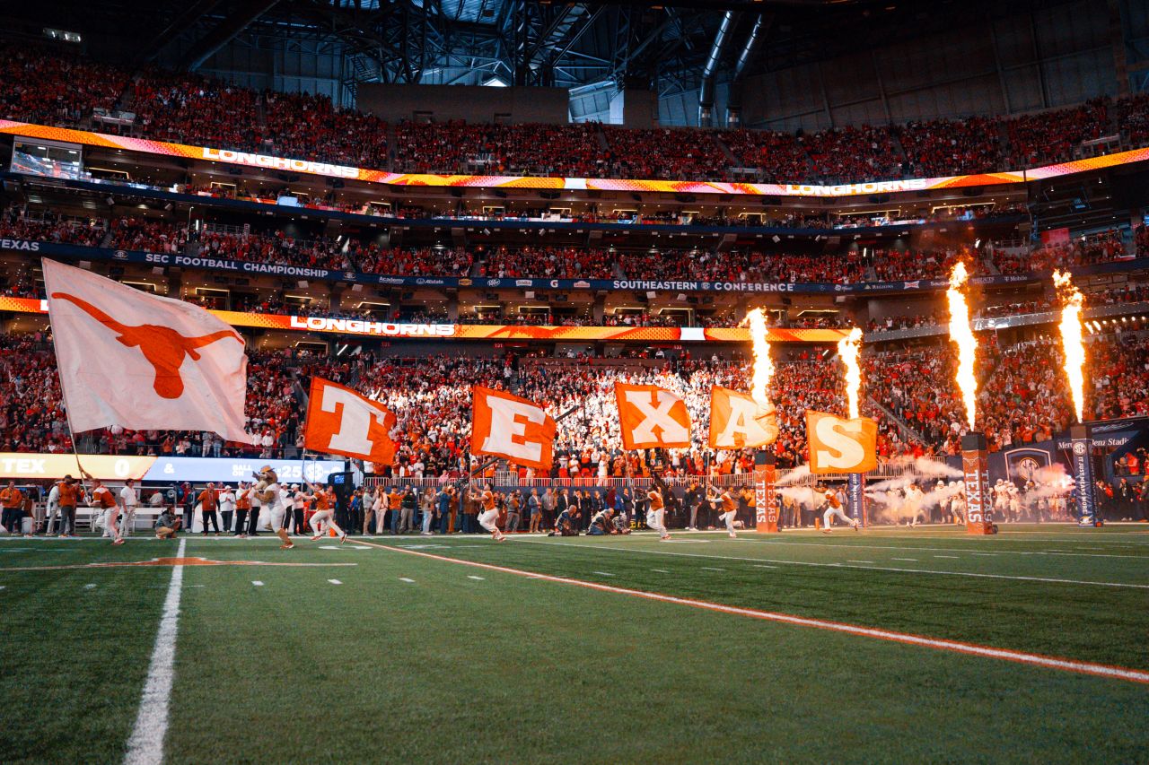 Texas flags are seen during a game against the Georgia Bulldogs in Atlanta, Georgia, on December 7.