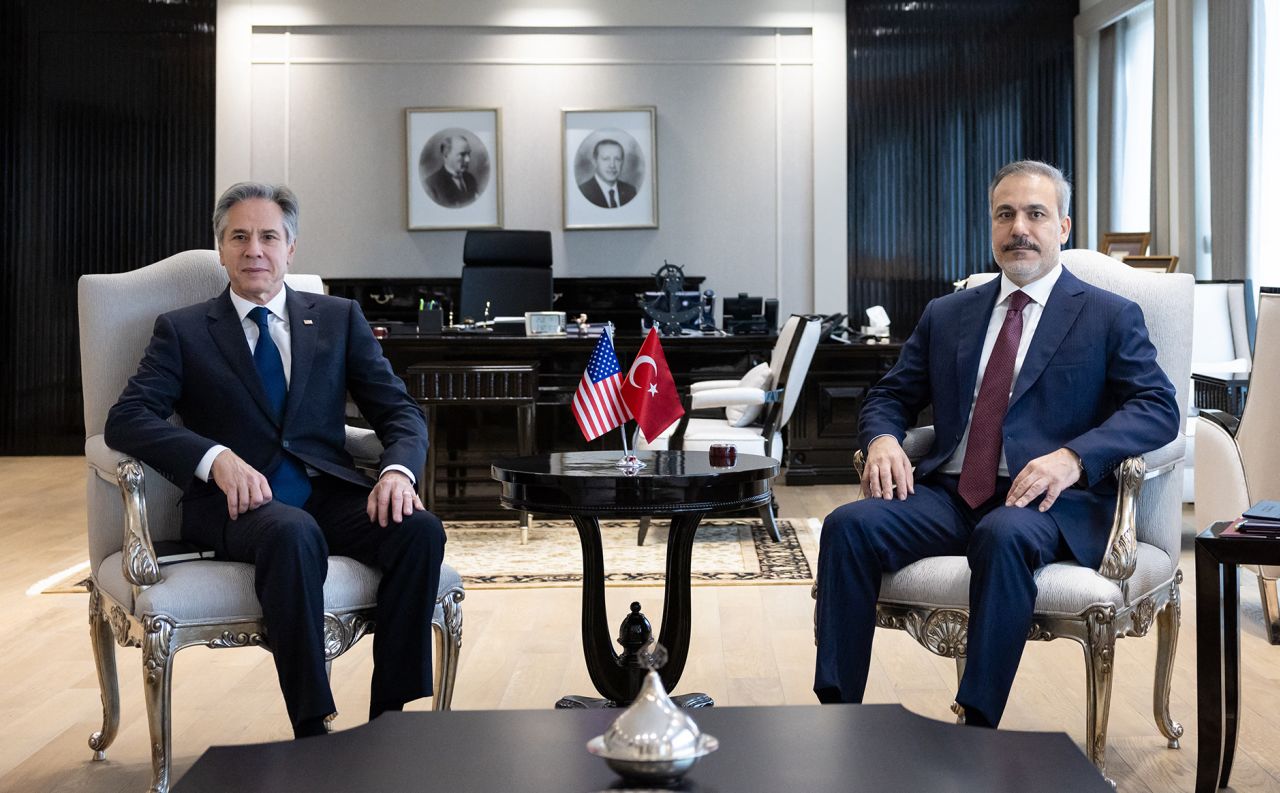 Turkish Foreign Minister Hakan Fidan, right, with US Secretary of State Antony Blinken, during a meeting in Ankara, Turkey, on December 13.