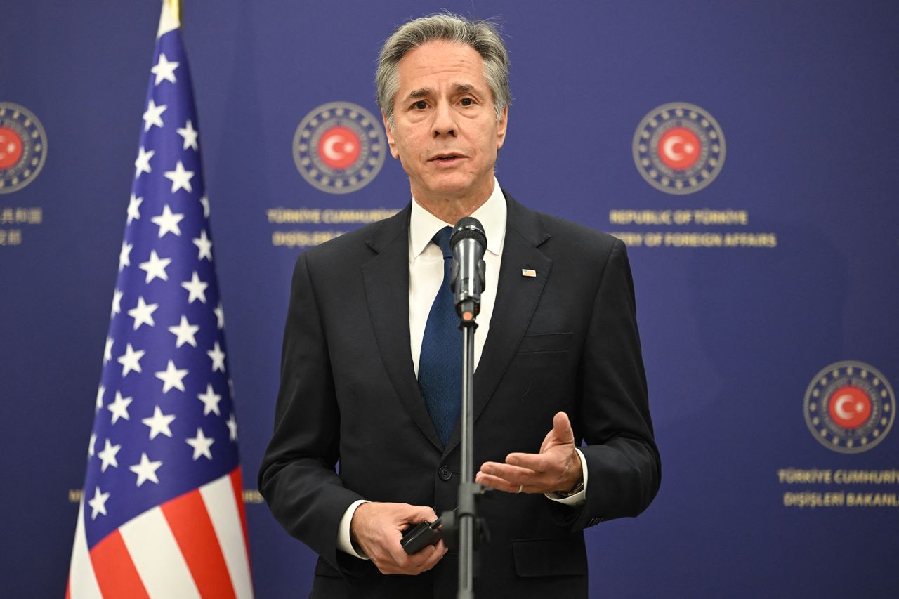 US Secretary of State Antony Blinken speaks during a joint press conference with the Turkish Foreign Minister at the Ministry headquarters in the Turkish capital Ankara on December 13.