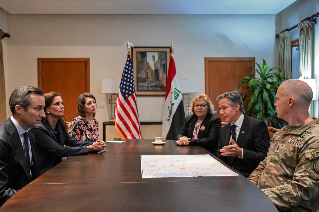 US Secretary of State Antony Blinkenattends a briefing with US Army Major General Kevin Leahy, Commander of the Combined Joint Task Force Operation Inherent Resolve, at the US Embassy headquarters in Baghdad, on Friday, December 13.