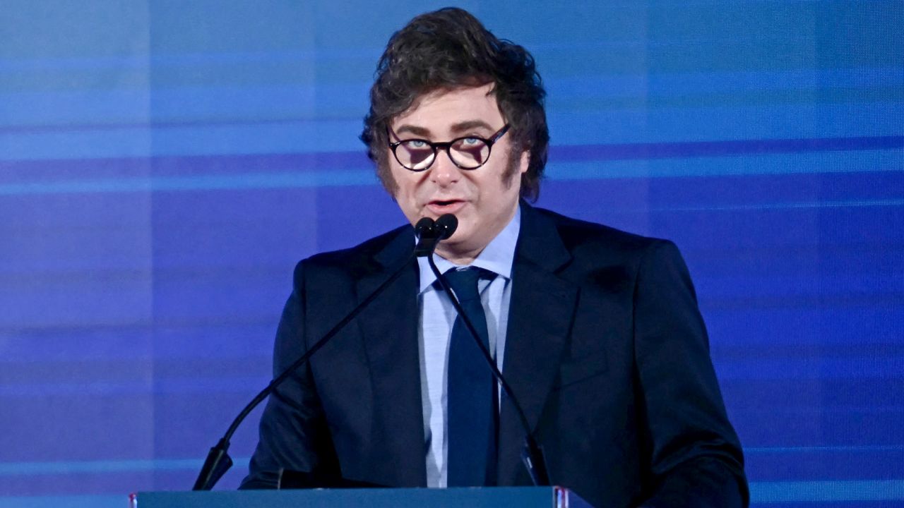 Argentina's President Javier Milei attends a meeting organized by the Brothers of Italy party of right-wing Italian Prime Minister Giorgia Meloni on December 14, 2024, in Rome.