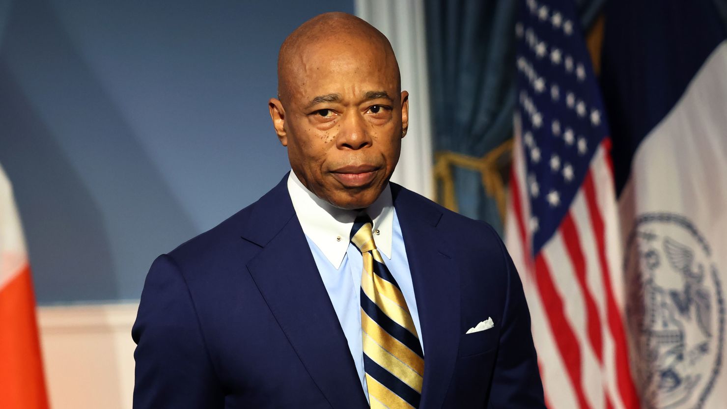  New York City Mayor Eric Adams leaves after speaking at a press conference at City Hall on December 12, 2024.