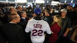 NEW YORK, NEW YORK - DECEMBER 12: Juan Soto of the New York Mets speaks to the media after his introductory press conference at Citi Field on December 12, 2024 in New York City. (Photo by Al Bello/Getty Images)