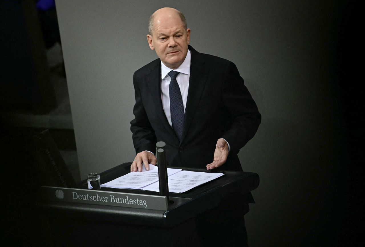 German Chancellor Olaf Scholz addresses the lower house of Parliament in Berlin on December 16.