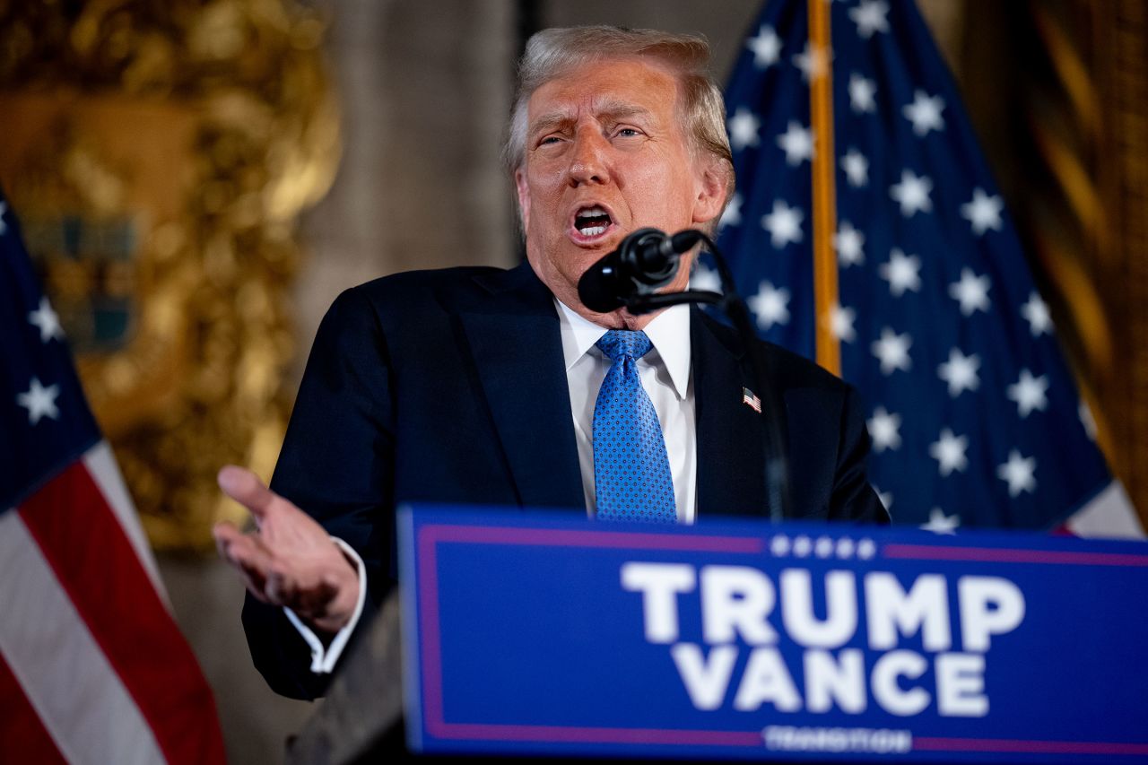 President-elect Donald Trump speaks at a news conference at his Mar-a-Lago resort in Palm Beach, Florida, on December 16.