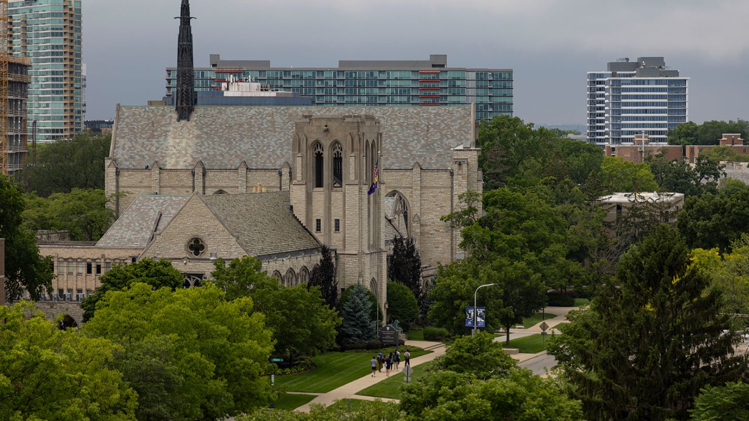 Campus buildings and downtown Evanston, Illinois, near Northwestern University on July 11, 2023.