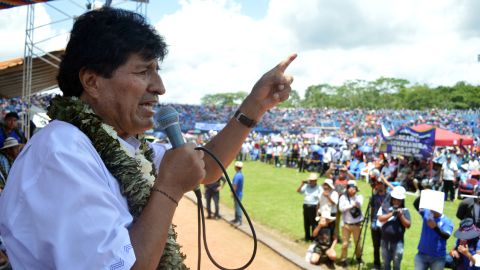 Bolivia's former president Evo Morales speaks to his ers and militants of the Movimiento al Socialismo (MAS) during the celebrations for the 19th anniversary of the MAS's victory at the polls and its coming to power in Chimore, Department of Cochabamba, Bolivia, on December 18, 2024. Bolivia's ruling party, Movimiento al Socialismo, celebrated this Wednesday the anniversary of its first victory in the 2005 presidential elections and did so in two separate events due to the disagreement between its two top leaders, former President Evo Morales and President Luis Arce. (Photo by FERNANDO CARTAGENA / AFP) (Photo by FERNANDO CARTAGENA/AFP via Getty Images)