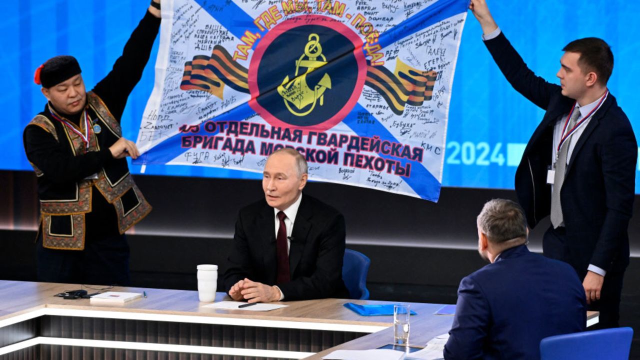 Russian President Vladimir Putin holds his annual end-of-year press conference in Moscow on December 19, 2024. (Photo by Alexander NEMENOV / AFP) (Photo by ALEXANDER NEMENOV/AFP via Getty Images)