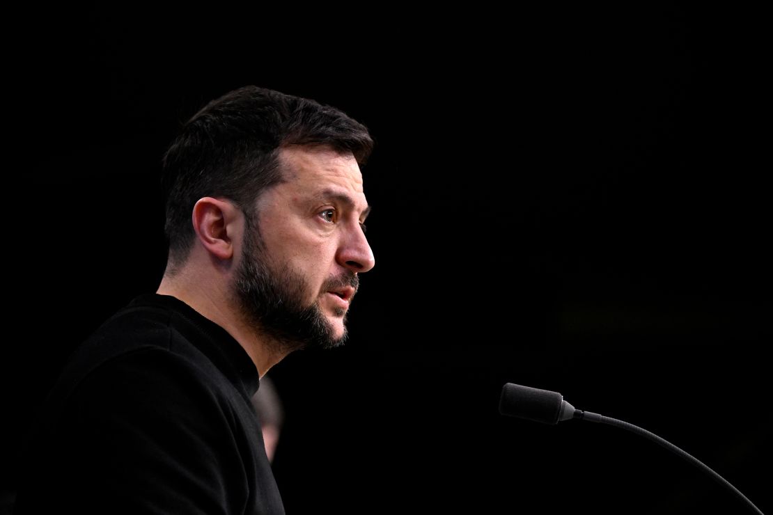 Ukrainian President Volodymyr Zelensky speaks in Brussels, Belgium after a European Council meeting on December 19.