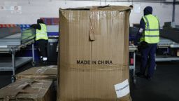 This photo shows an air freight parcel marked 'Made in China' in a warehouse at Roissy-Charles de Gaulle airport, outside Paris, on December 20, 2024.