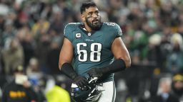 PHILADELPHIA, PENNSYLVANIA - DECEMBER 15: Jordan Mailata #68 of the Philadelphia Eagles looks on against the Pittsburgh Steelers at Lincoln Financial Field on December 15, 2024 in Philadelphia, Pennsylvania. (Photo by Mitchell Leff/Getty Images)