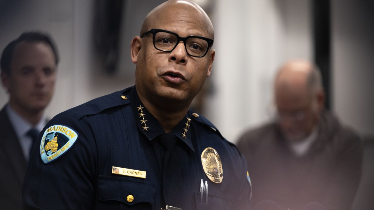 MADISON, WISCONSIN - DECEMBER 16: Madison Police Chief Shon Barnes speaks to the media about the shooting at the Abundant Life Christian School on December 16, 2024 in Madison, Wisconsin. A student and teacher were shot and killed and the alleged shooter, a 15-year-old female who police say was a student at the school, was found dead at the scene, according to published reports. Six others were injured with two in critical condition, the reports said.  (Photo by Scott Olson/Getty Images)