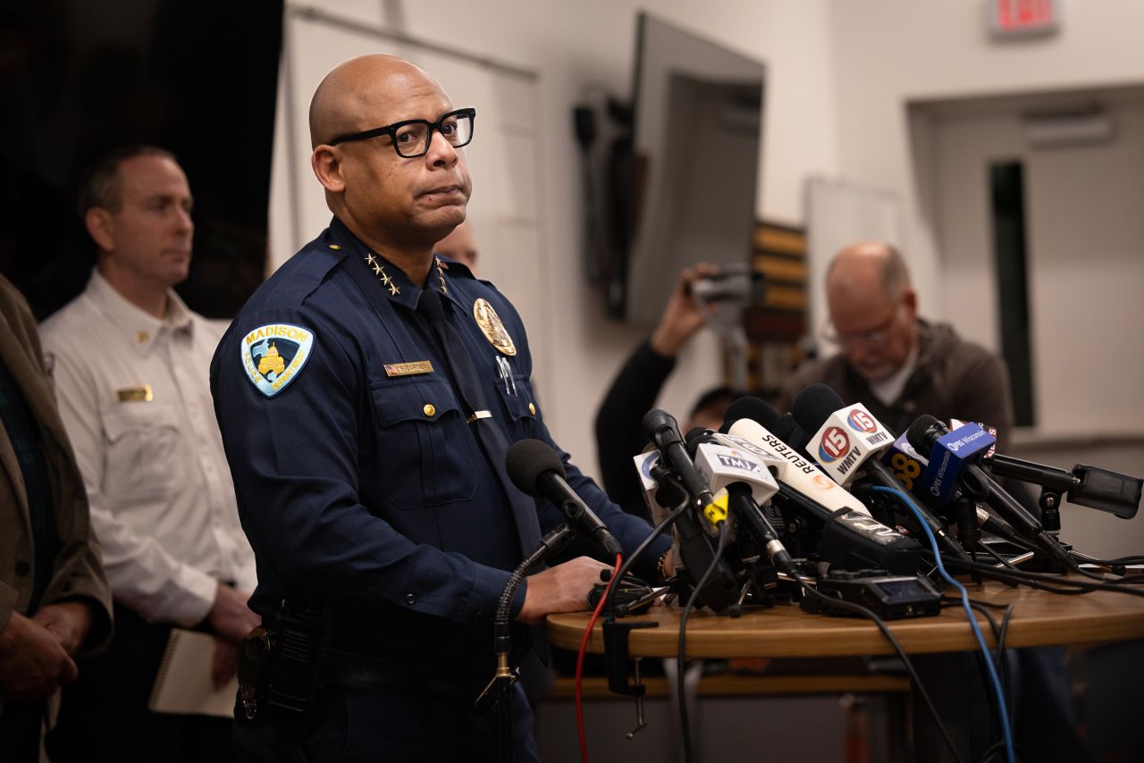 Madison Police Chief Shon Barnes speaks to the media about the shooting at Abundant Life Christian School on December 16 in Madison, Wisconsin.