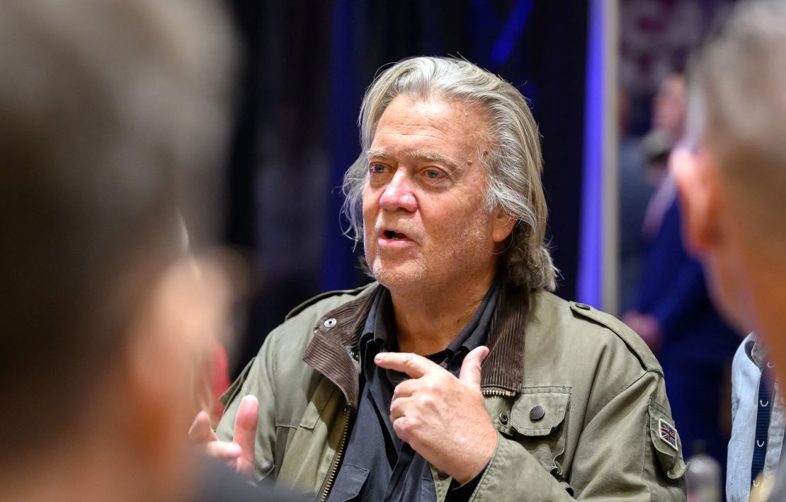 Former White House strategist Steve Bannon speaks with attendees at Turning Point's annual AmericaFest in Phoenix on December 21, 2024.