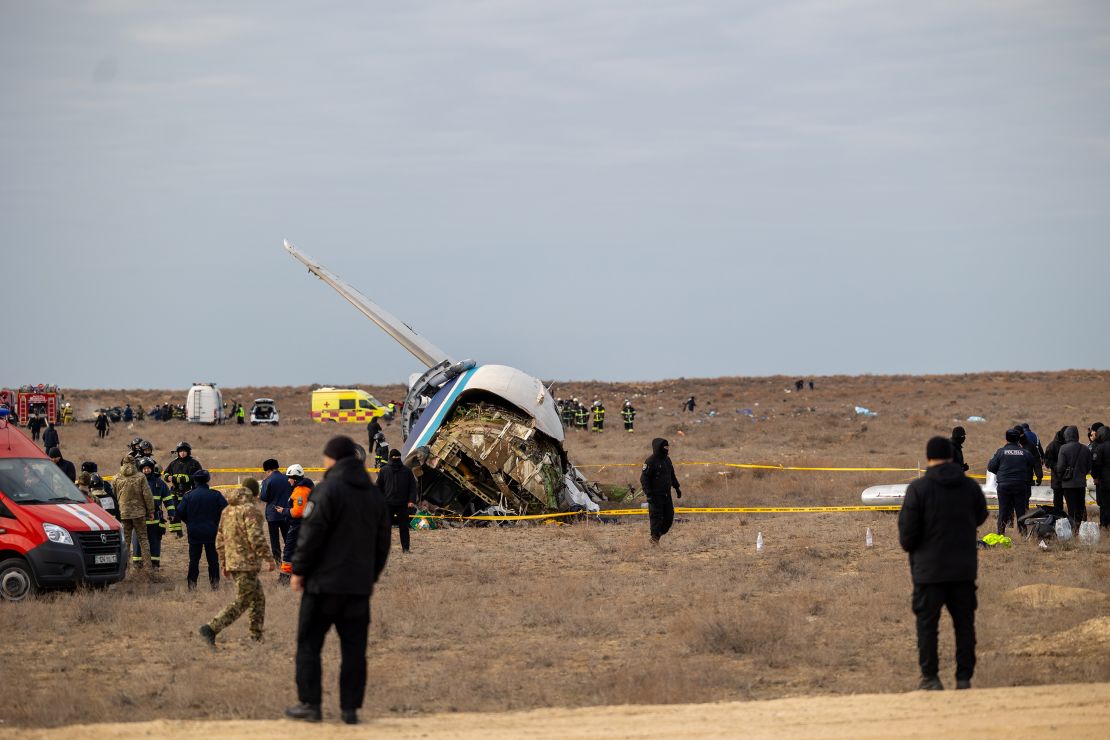 Aktau, Kazakhstan - December 25: On December 25, 2024, an Azerbaijan Airlines flight carrying 67 people heading from Azerbaijan's capital Baku to Grozny in Russia's Chechnya region crashes near Kazakhstan's Caspian city of Aktau. The situation at the scene after. Flight 8432 had 62 passengers and five crew members on board, the ministry said, adding that a fire broke out after the crash and emergency workers were working to extinguish it. (Photo by Issa Tadzhenbayev/Anadolu via Getty Images)