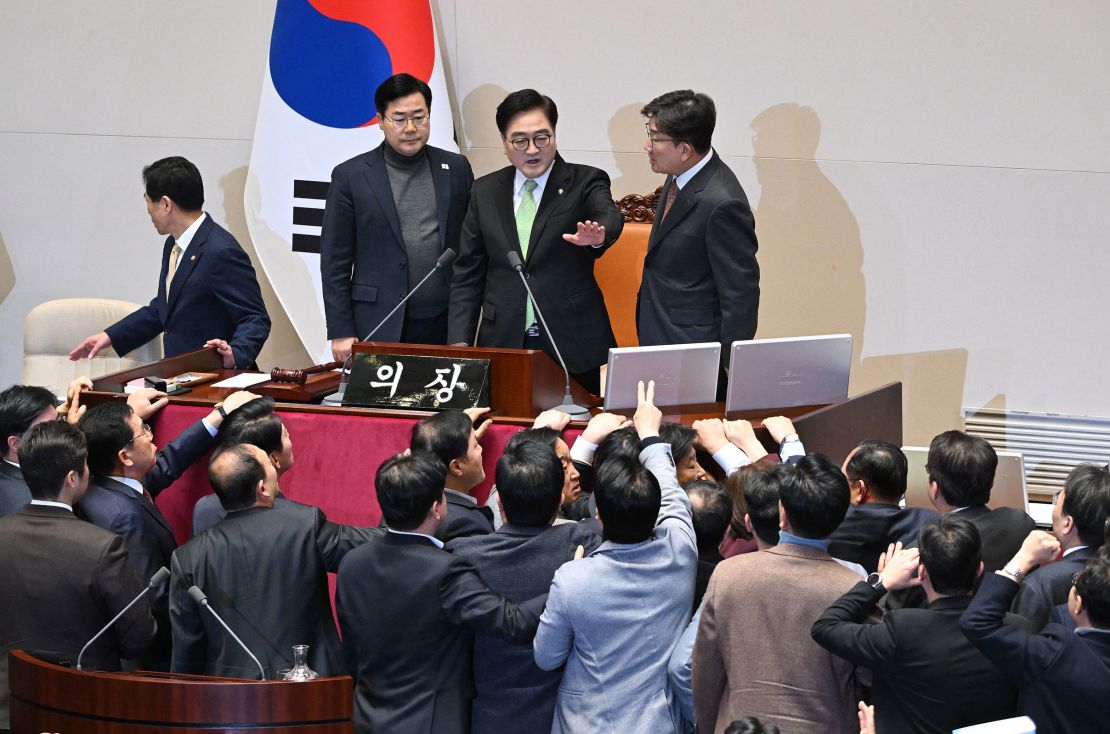 Lawmakers of the People Power Party argue with National Assembly Speaker Woo Won-shik, center top, during the plenary session for the impeachment vote at the National Assembly on December 27.