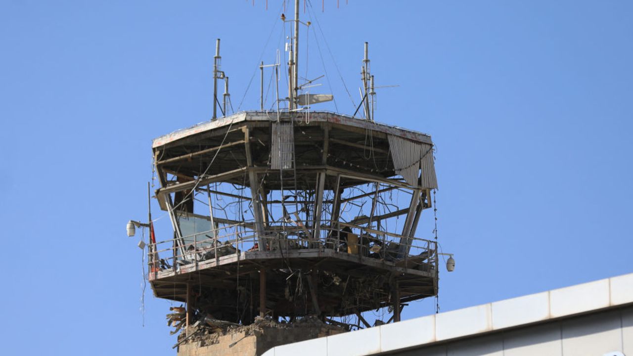 The damaged control tower of Sanaa international airport stands on December 27, 2024, following Israeli strikes at the site the previous day. Yemeni rebels claimed new attacks against Israel on December 27, after Israeli air strikes hit rebel-held Sanaa's international airport and other targets in Yemen. (Photo by Mohammed HUWAIS / AFP) (Photo by MOHAMMED HUWAIS/AFP via Getty Images)