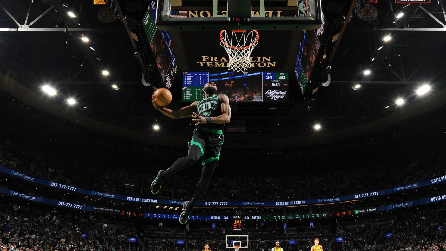 Jaylen Brown of the Boston Celtics dunks during the game against the Indiana Pacers.