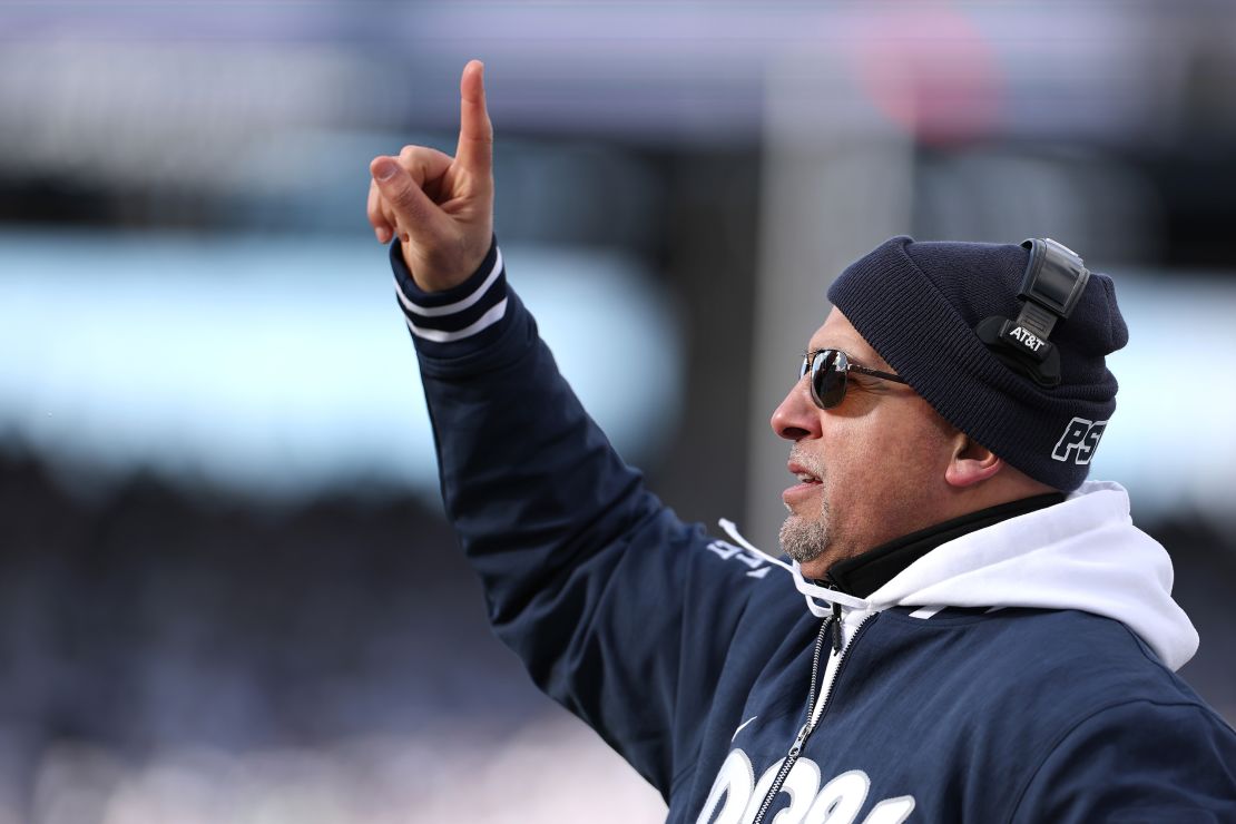 STATE COLLEGE, PENNSYLVANIA - DECEMBER 21: Head coach James Franklin of the Penn State Nittany Lions reacts during the first quarter against the Southern Methodist Mustangs in the Playoff First Round Game at Beaver Stadium on December 21, 2024 in State College, Pennsylvania. (Photo by Scott Taetsch/Getty Images)