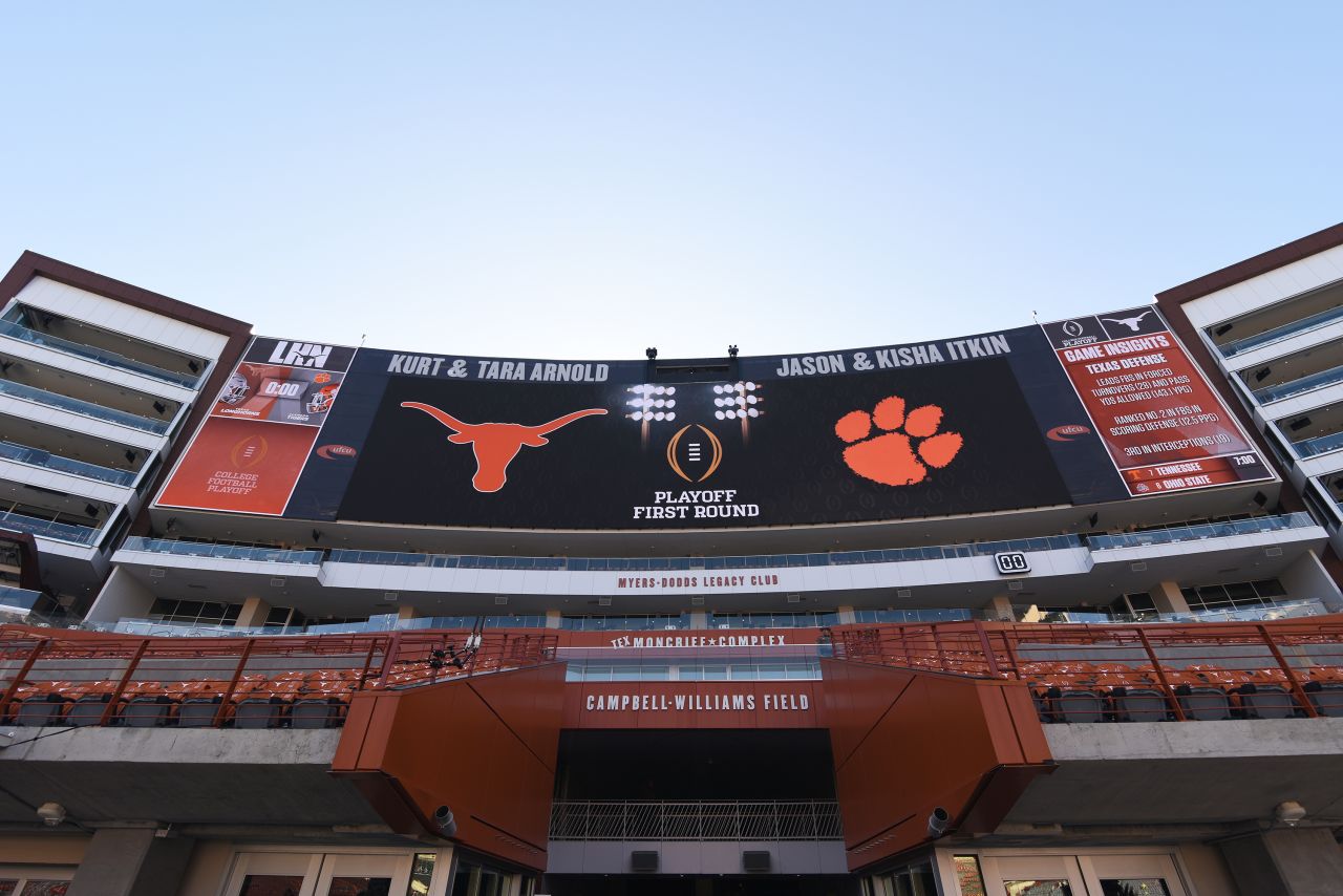 AUSTIN, TEXAS - DECEMBER 21: A view of the scoreboard at Darrell K Royal-Texas Memorial Stadium prior to the Playoff First Round Game between the Clemson Tigers and Texas Longhorns on December 21, 2024 in Austin, Texas. (Photo by Jack Gorman/Getty Images)