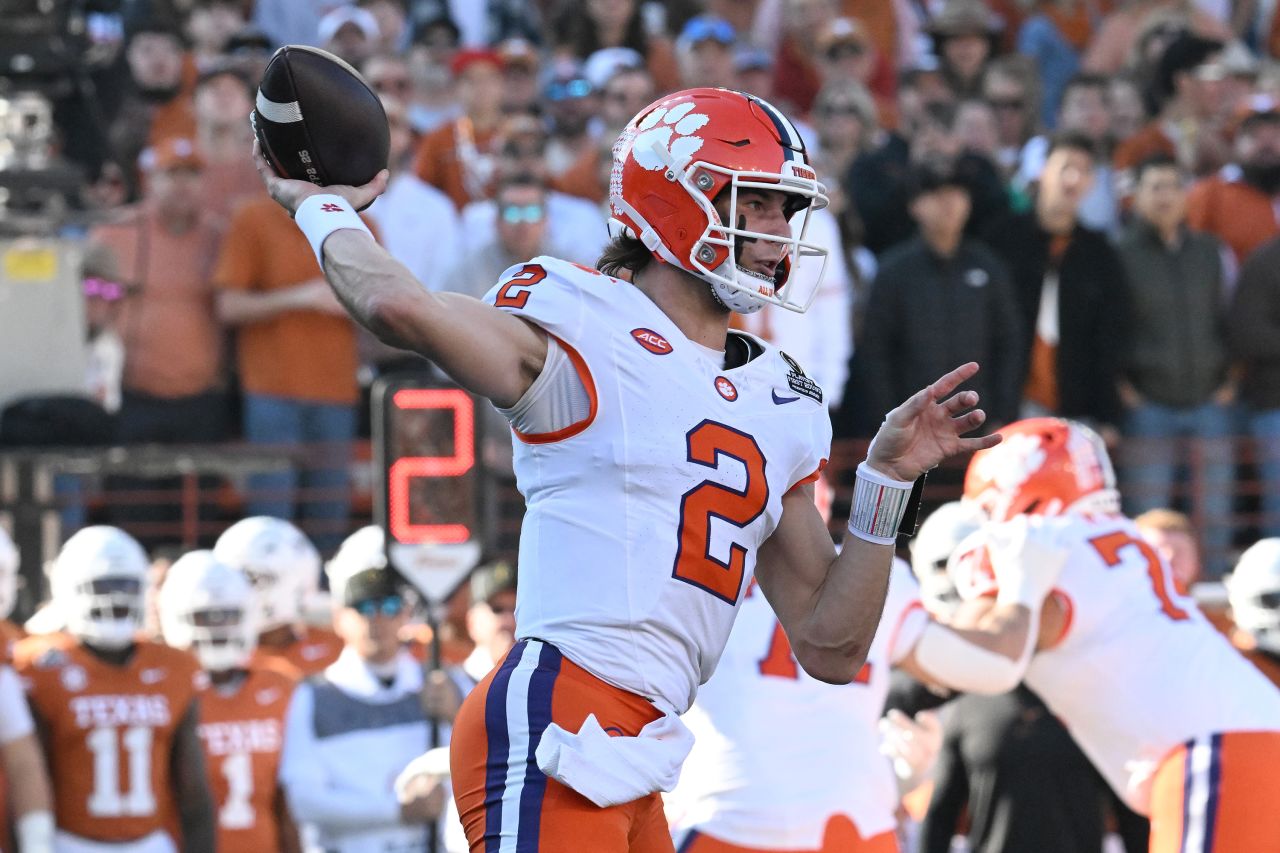 AUSTIN, TEXAS - DECEMBER 21: Cade Klubnik #2 of the Clemson Tigers throws the ball during the first quarter against the Texas Longhorns in the Playoff First Round Game at Darrell K Royal-Texas Memorial Stadium on December 21, 2024 in Austin, Texas. (Photo by Jack Gorman/Getty Images)