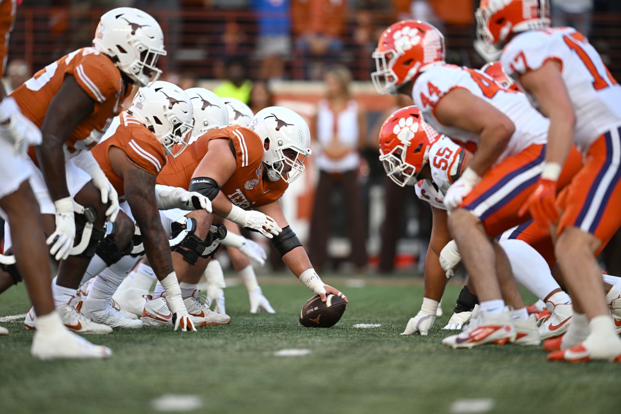 AUSTIN, TEXAS - DECEMBER 21: The Texas Longhorns offense lines up against the Clemson Tigers defense during the first quarter in the Playoff First Round Game at Darrell K Royal-Texas Memorial Stadium on December 21, 2024 in Austin, Texas. (Photo by Jack Gorman/Getty Images)