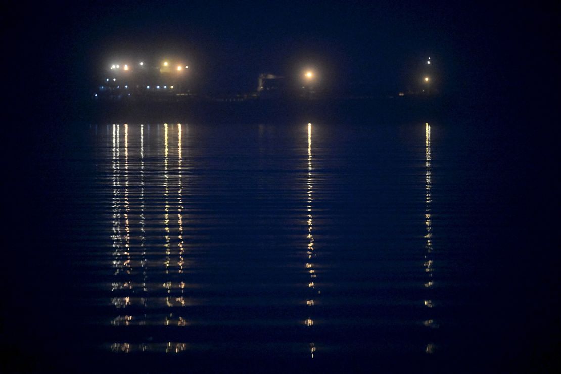 Oil tanker Eagle S anchors outside Porvoo, Finland, on December 28, 2024. The Cook Islands-registered ship is suspected of damaging<strong> </strong>an electrical cable between Finland and Estonia.