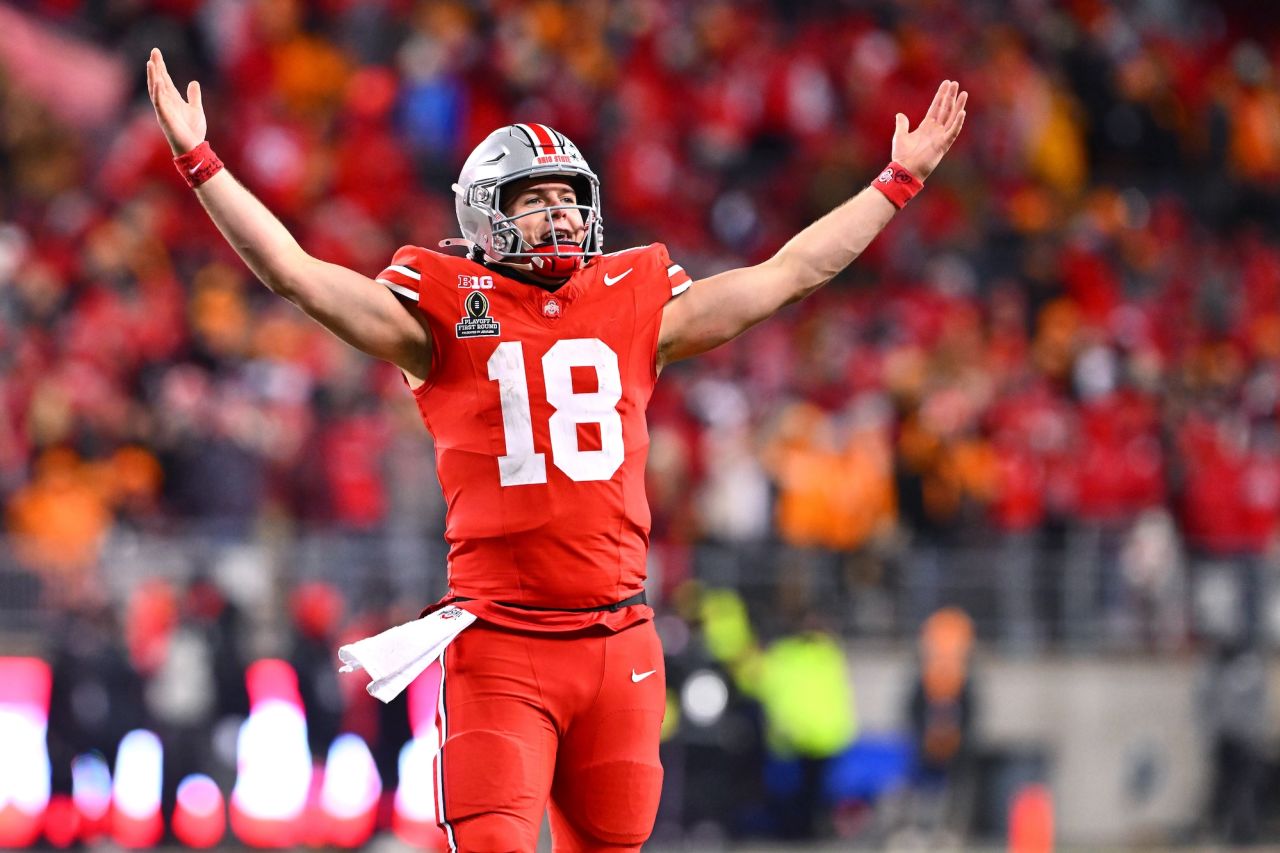 Ohio State's Will Howard celebrates a Buckeyes touchdown against Tennessee at Ohio Stadium.