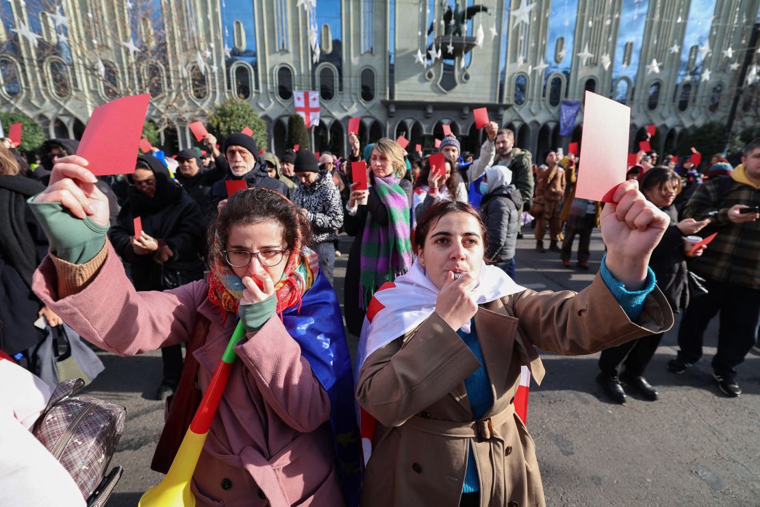 Protesters rally ahead of the inauguration ceremony for Georgian President-elect Mikheil Kavelashvili, in Tblisi. His rise to power has triggered a wave of demonstrations among pro-EU citizens.