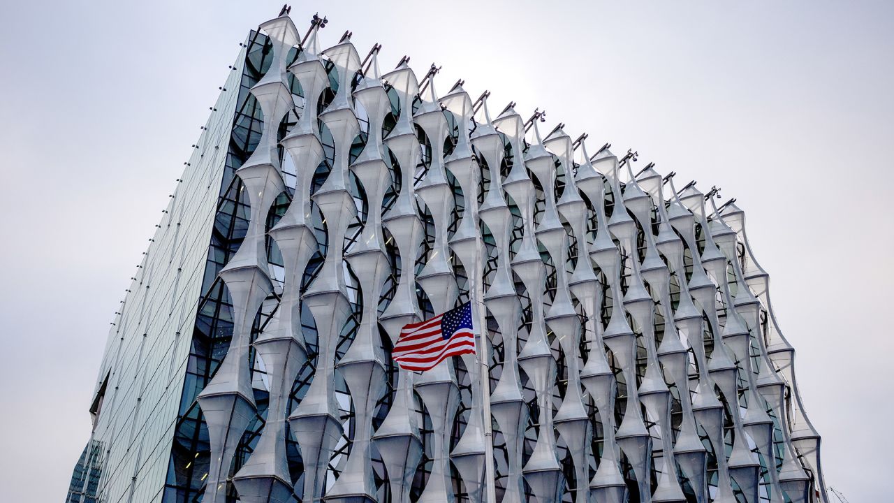LONDON, ENGLAND - DECEMBER 30: The flag of the USA flies at half mast outside the country's embassy following the death of former president Jimmy Carter, on December 30, 2024 in London, England. (Photo by Carl Court/Getty Images)