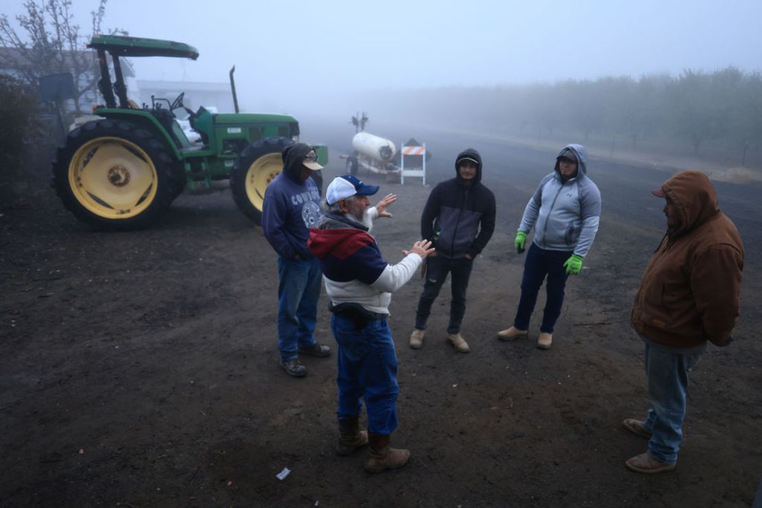 Un supervisor habla con trabajadores, algunos de ellos indocumentados, en el inicio de una jornada en Del Bosque Farms en Firebaugh, California, el 17 de diciembre de 2024.