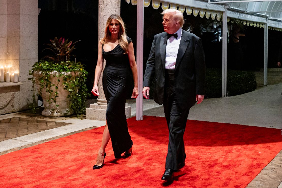 Her penchant for European luxury was confirmed with this black asymmetrical Versace dress, worn to a New Year's Eve party at Mar-a-Lago.