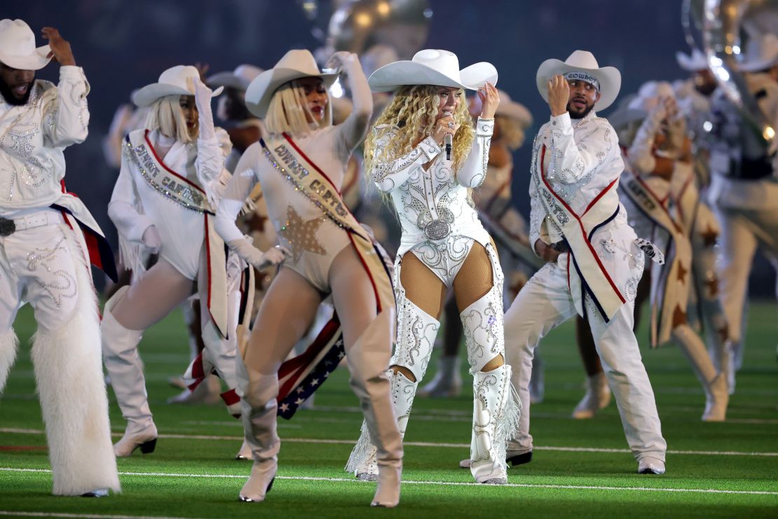 Beyoncé performs during the halftime show for the game between the Baltimore Ravens and the Houston Texans in Houston in December.