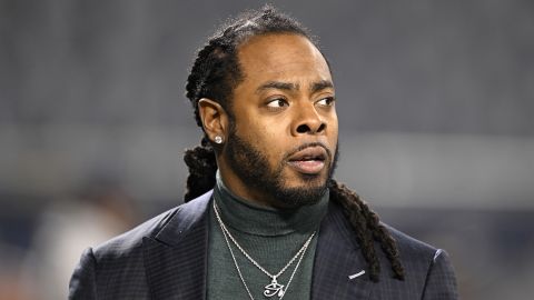 CHICAGO, ILLINOIS - DECEMBER 26: Richard Sherman looks on from the set of the TNF on Prime pregame show prior to the game between the Seattle Seahawks and the Chicago Bears at Soldier Field on December 26, 2024 in Chicago, Illinois. (Photo by Quinn Harris/Getty Images)