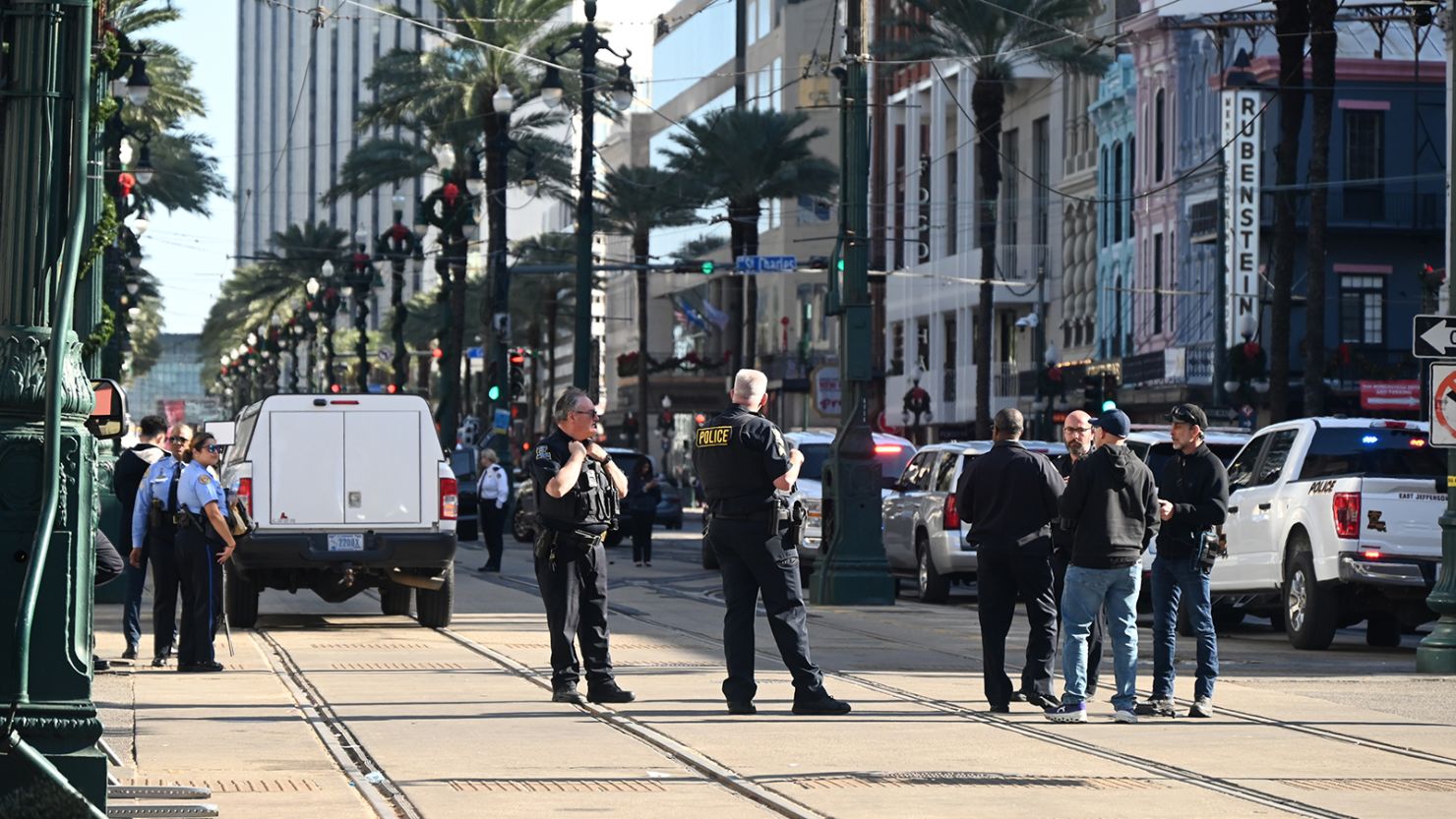 Federal agents and police maintain a high security presence as Bourbon Street, Canal Street and the French Quarter reopen on January 2 after the New Year's Day truck-ramming attack.